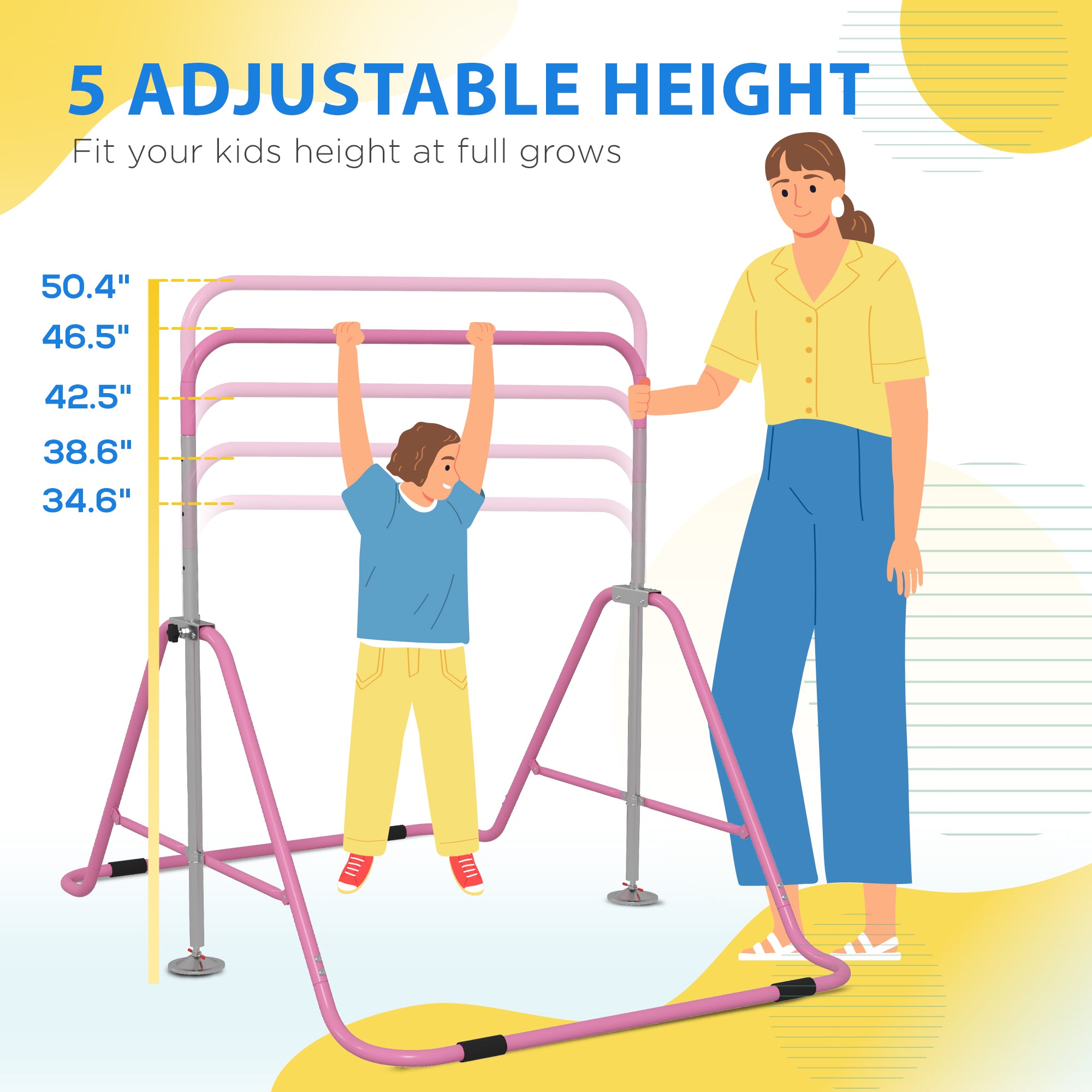 Folding Gymnastics Bar for Kids, Adjustable Height, Bubble Gum Pink