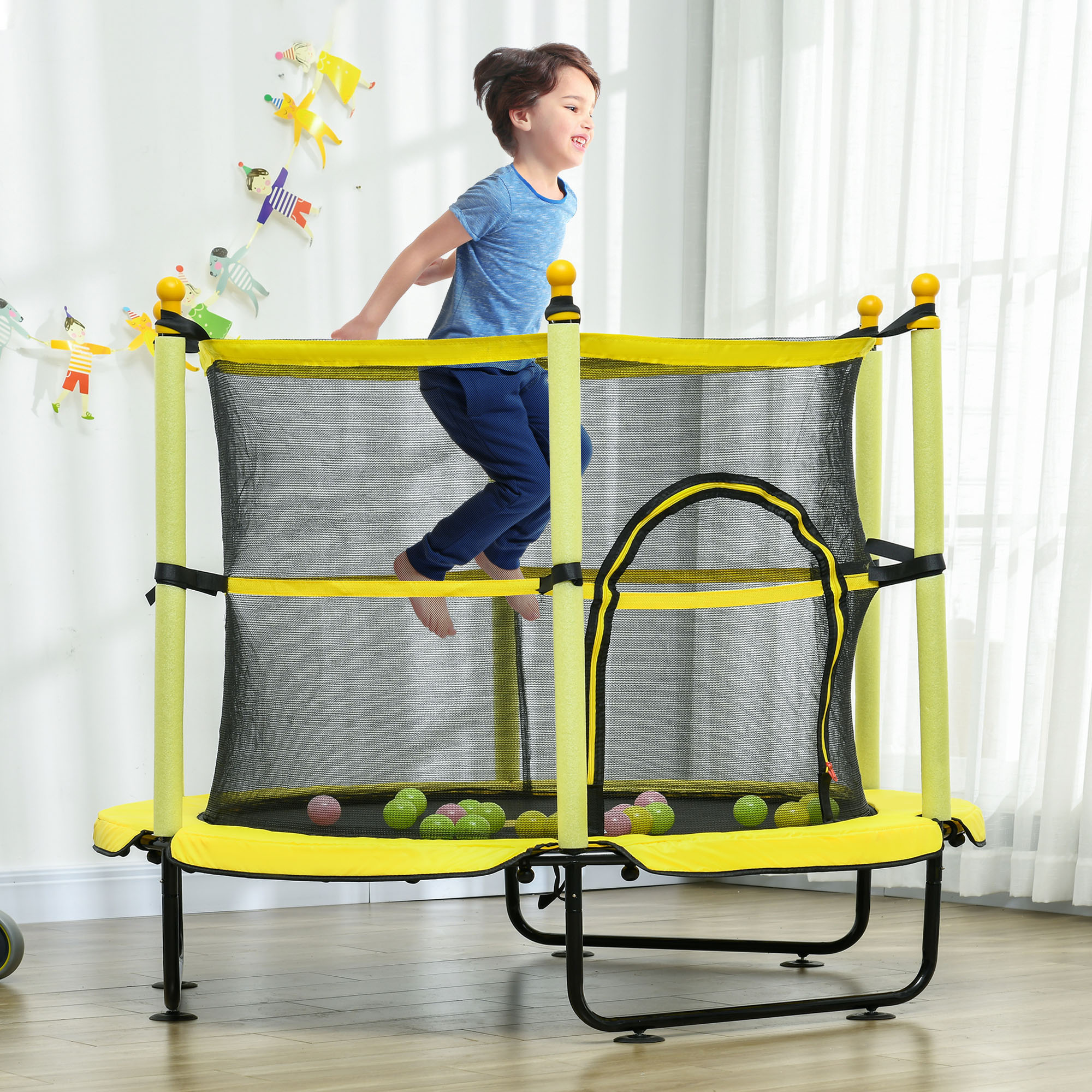 4.6' Trampoline For Kids With Safety Enclosure & Ball Pit, Yellow