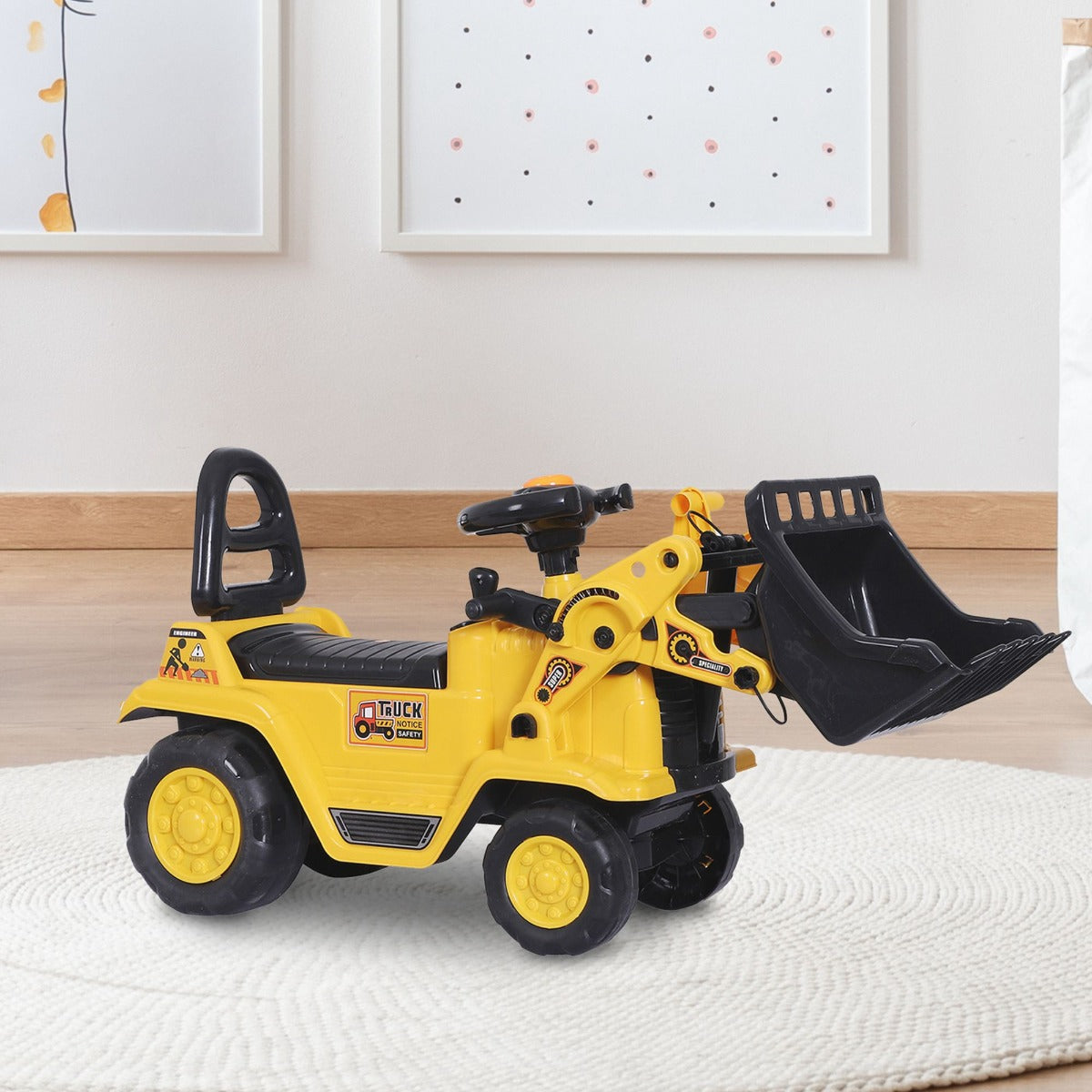 Kids Ride On Excavator Toy, Yellow Pull Cart Bulldozer With Bucket, Horn, Steering Wheel, For Toddler