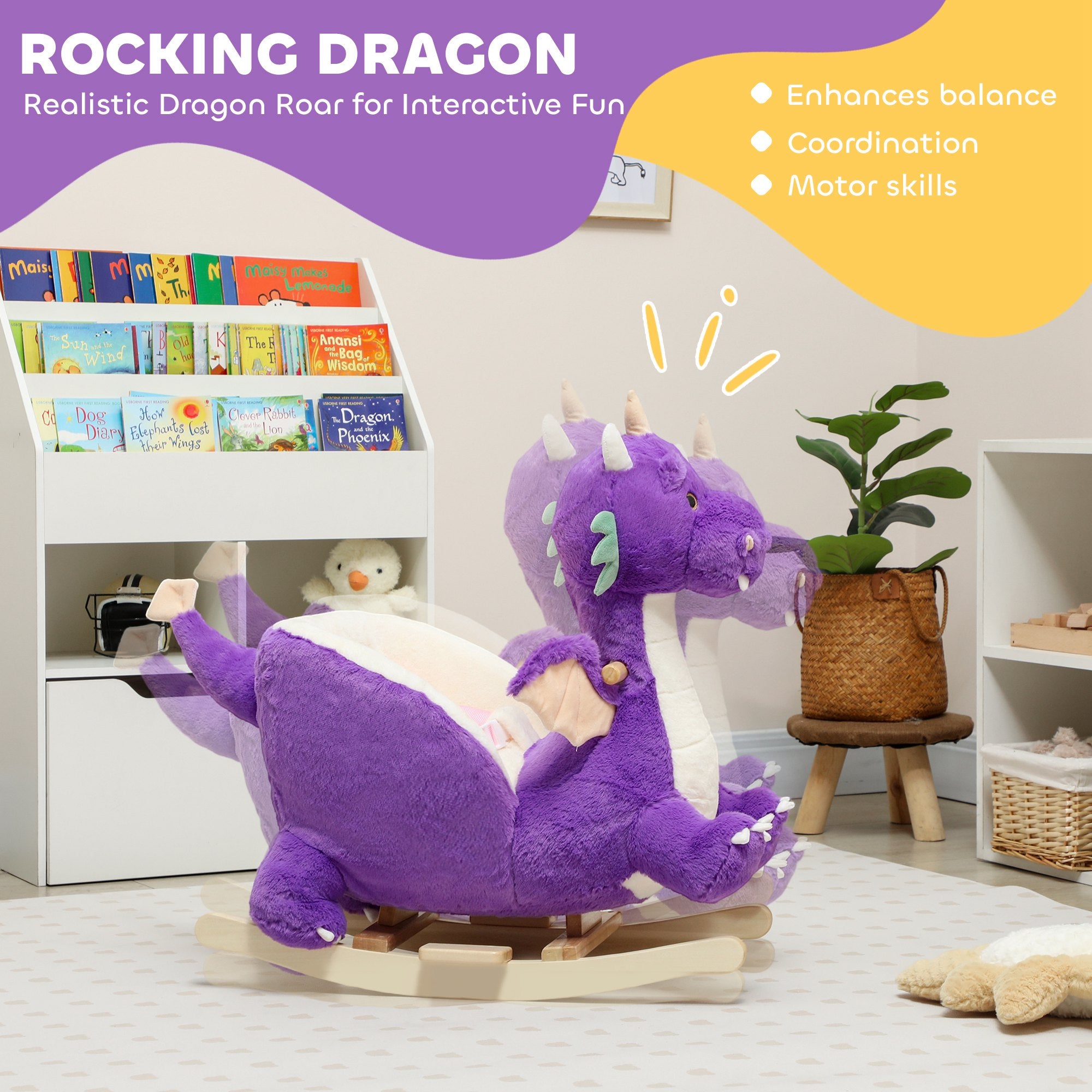 Baby Rocking Horse, Kids Ride On Toy with Realistic Dragon Roar and Safety Belt for Kids 18–36 Months, Purple