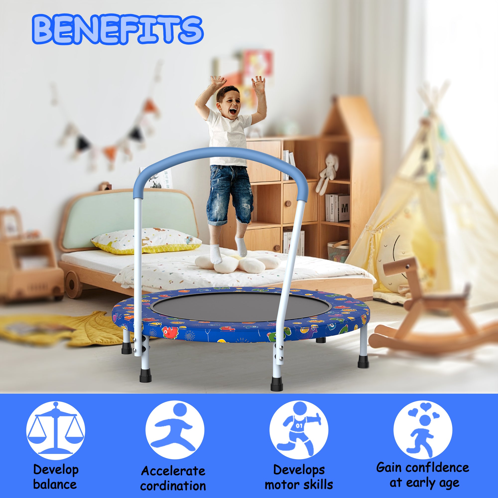 36inch Mini Trampoline For Kids Ages 1-6 Indoor Outdoor Trampoline With Handle  For Kids