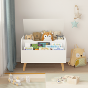 Wooden Toy Box, Kids Toy Storage Organizer With Front Bookshelf, Flip-Top Lid, Safety Hinge, Boys Girls Toy Chest Bench For Playroom Kids Room Organization White
