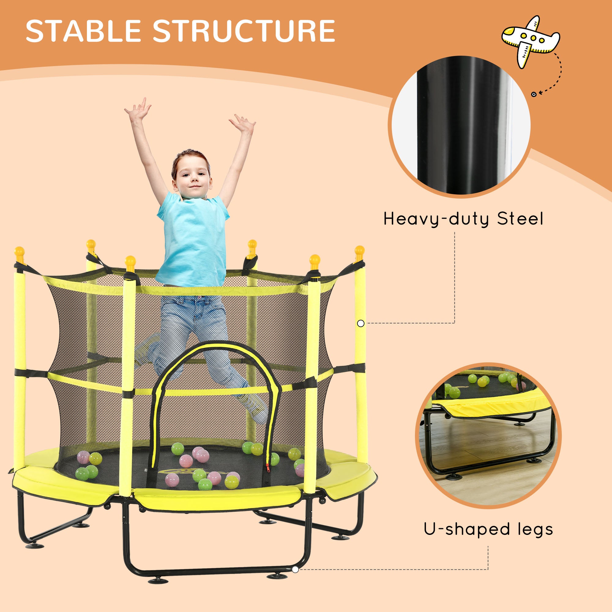 4.6' Trampoline For Kids With Safety Enclosure & Ball Pit, Yellow
