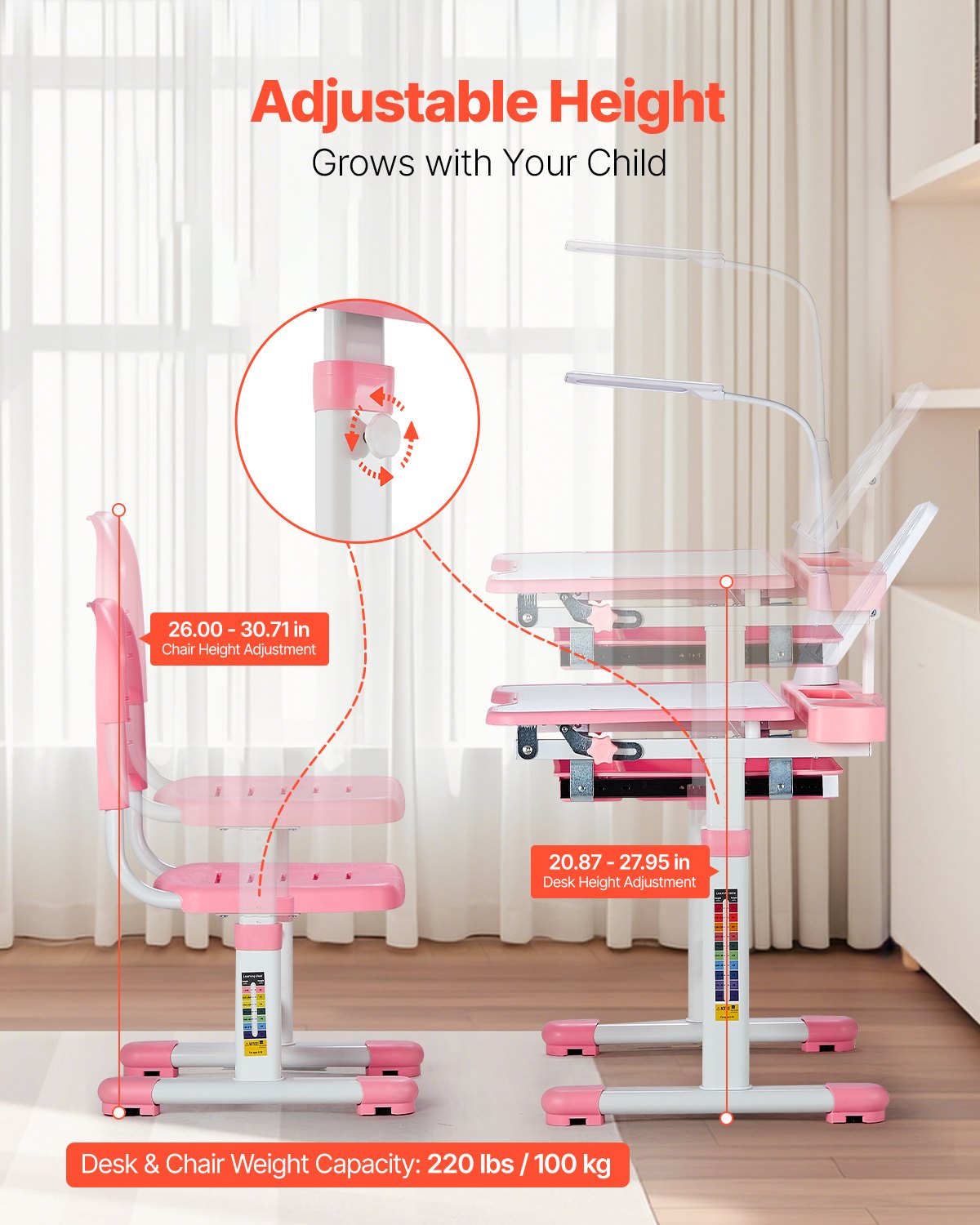 Kids Study Chair And Desk Set, Study Desk And Chair For Kids With Table Lamp, Adjustable Height & 0-40° Tilted Desktop Kids Desk And Chair, Children Study Table For Bedroom & Study Room, Pink