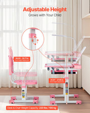 Kids Study Chair And Desk Set, Study Desk And Chair For Kids With Table Lamp, Adjustable Height & 0-40° Tilted Desktop Kids Desk And Chair, Children Study Table For Bedroom & Study Room, Pink