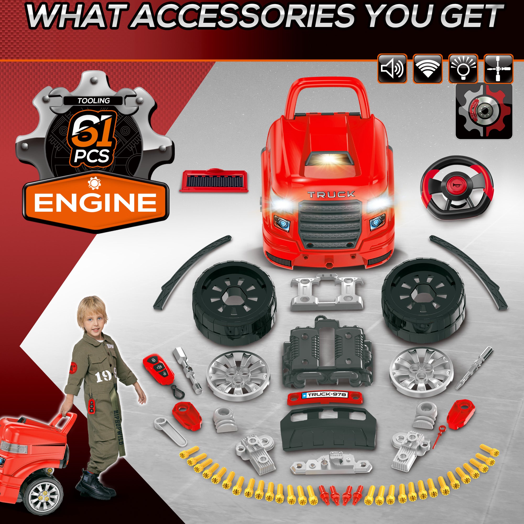 Mechanic Kids Truck Engine Toy Set, Car Service Play Set, Red