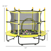 4.6' Trampoline For Kids With Safety Enclosure & Ball Pit, Yellow