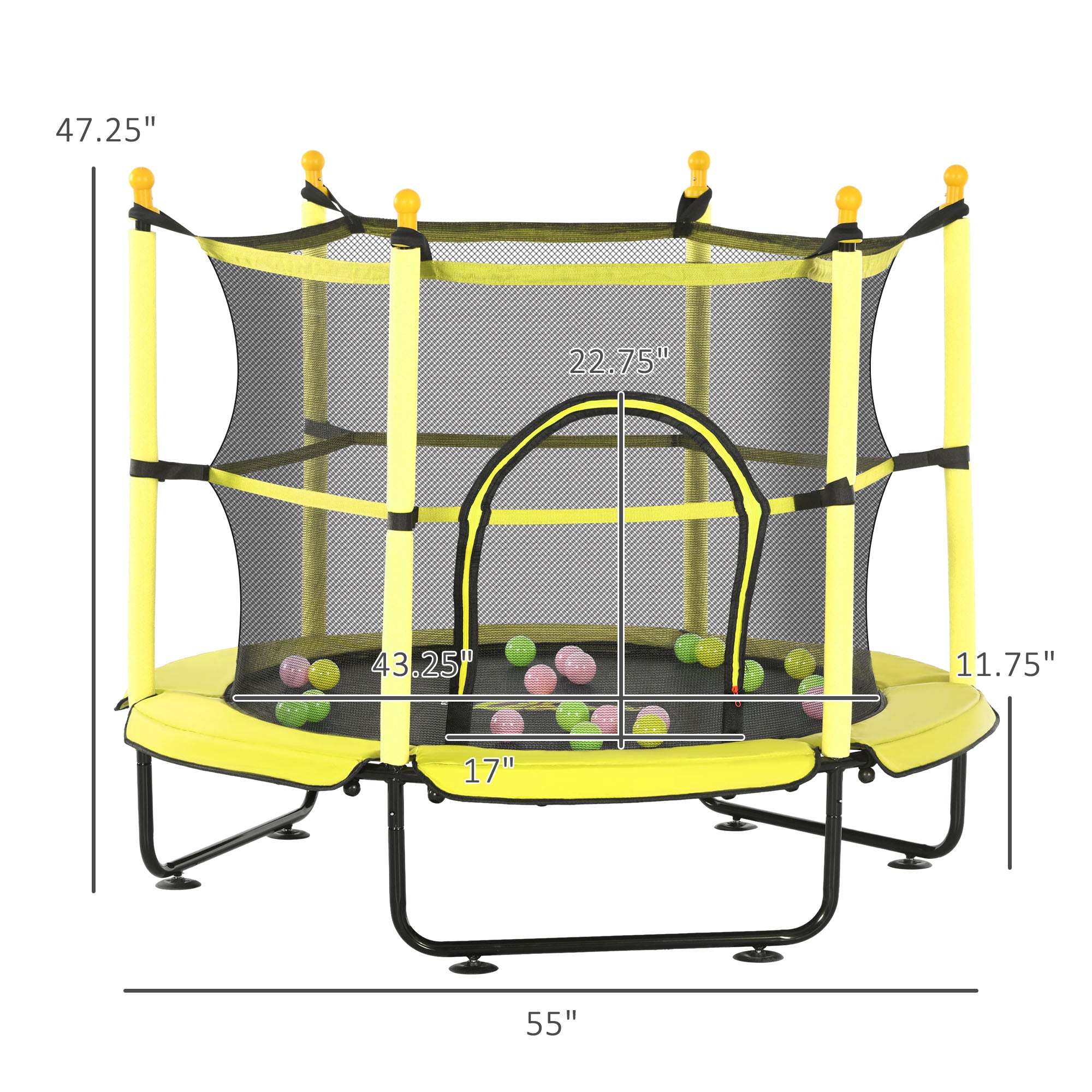 4.6' Trampoline For Kids With Safety Enclosure & Ball Pit, Yellow