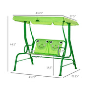 Porch Swing for Kids with Adjustable Canopy to Block Sun at Angles, Kids Swing Chair with Seatbelts, Frog Pattern, Gift for Kids Ages 3-6, Green