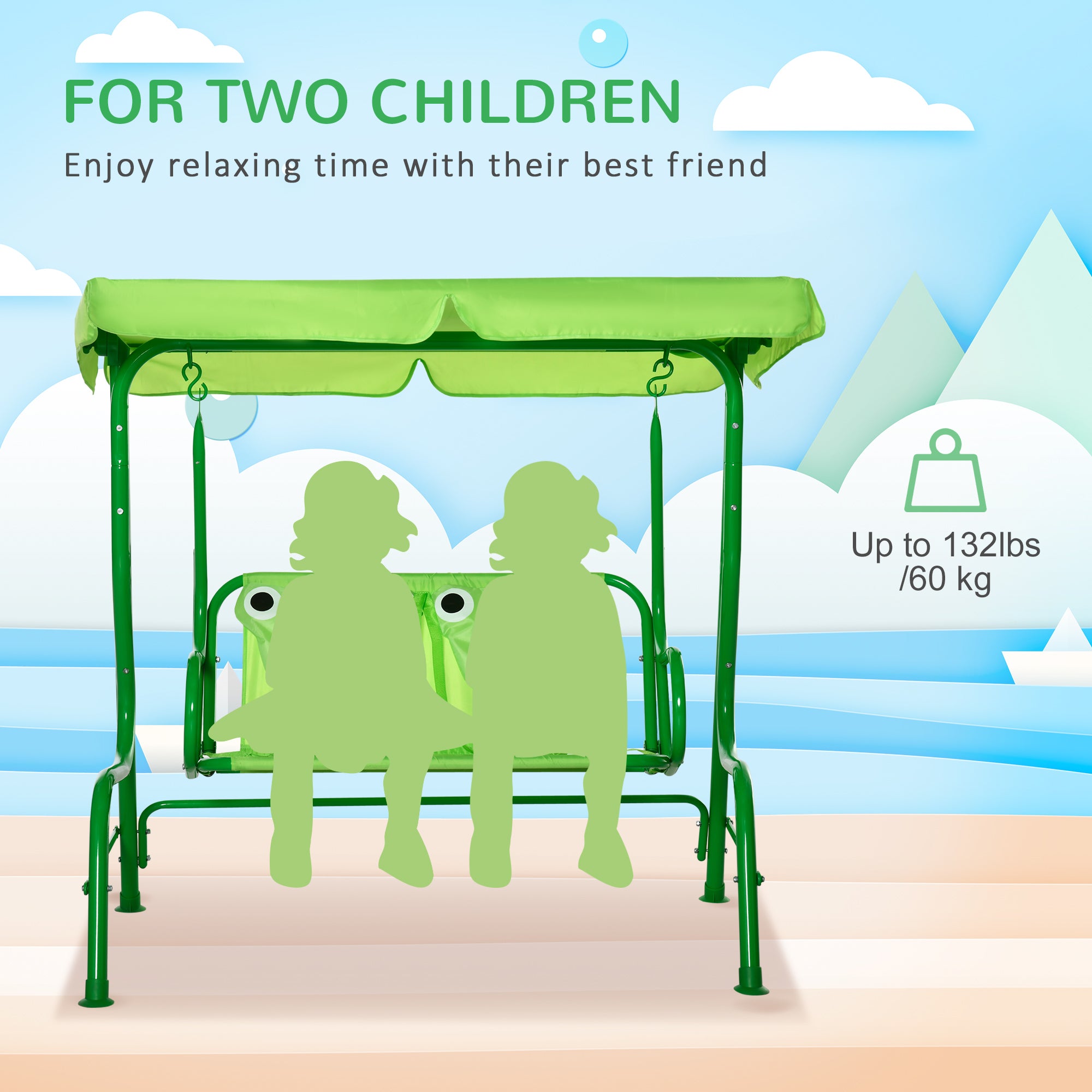 Porch Swing for Kids with Adjustable Canopy to Block Sun at Angles, Kids Swing Chair with Seatbelts, Frog Pattern, Gift for Kids Ages 3-6, Green