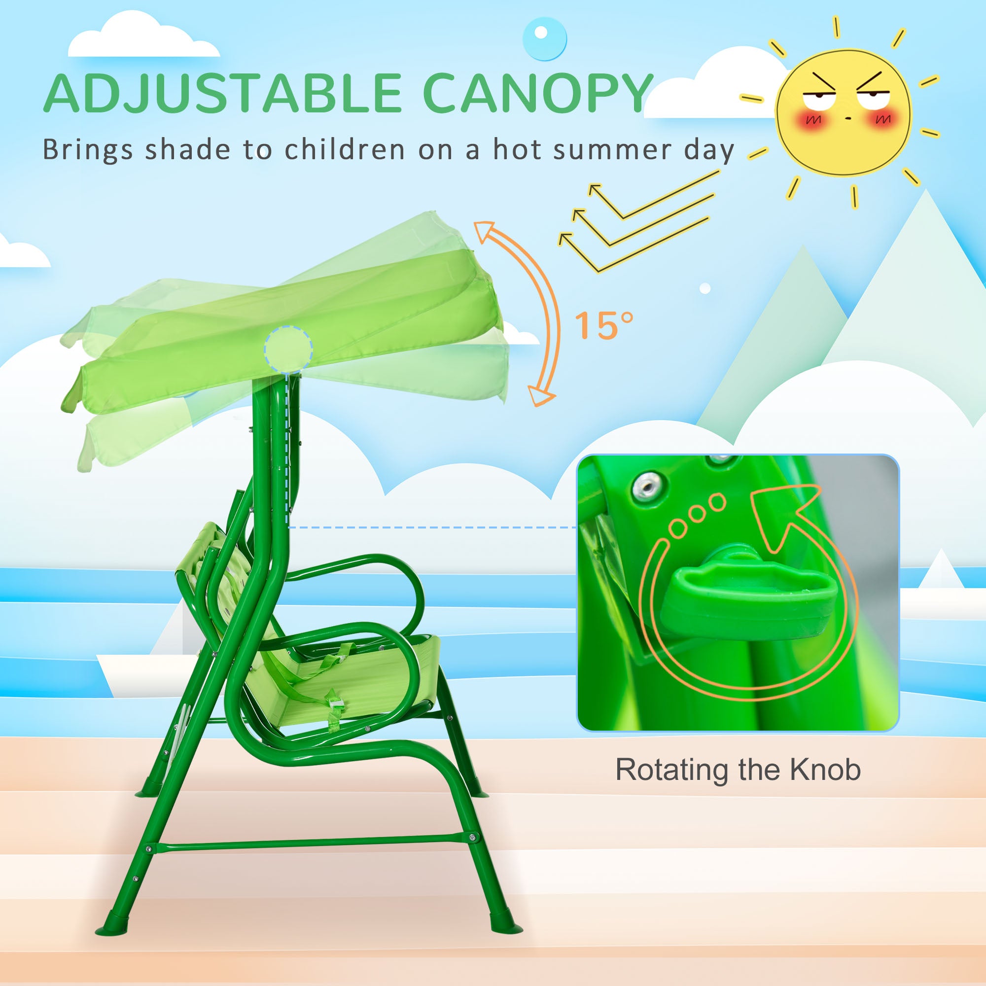 Porch Swing for Kids with Adjustable Canopy to Block Sun at Angles, Kids Swing Chair with Seatbelts, Frog Pattern, Gift for Kids Ages 3-6, Green