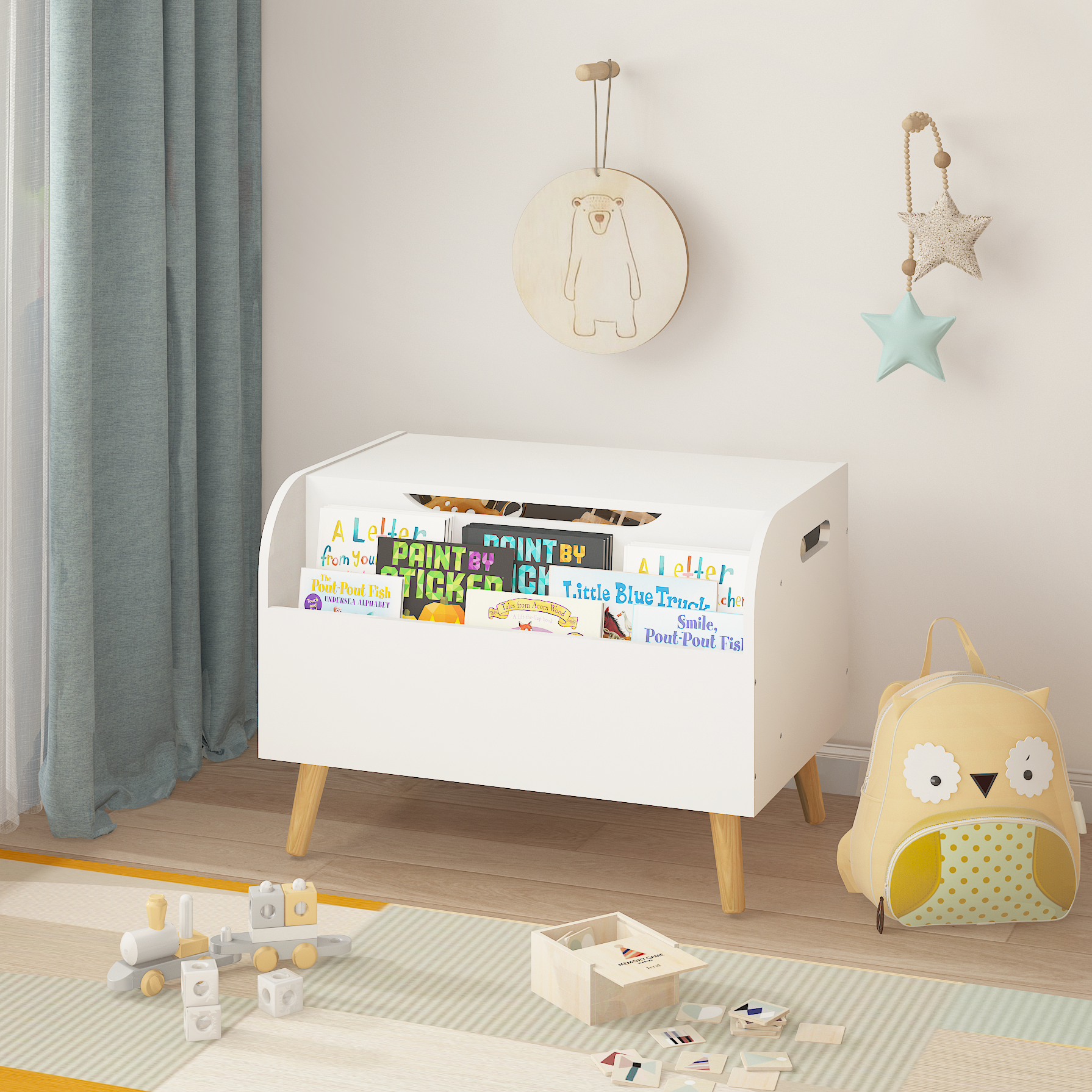 Wooden Toy Box, Kids Toy Storage Organizer With Front Bookshelf, Flip-Top Lid, Safety Hinge, Boys Girls Toy Chest Bench For Playroom Kids Room Organization White