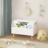 Wooden Toy Box, Kids Toy Storage Organizer With Front Bookshelf, Flip-Top Lid, Safety Hinge, Boys Girls Toy Chest Bench For Playroom Kids Room Organization White