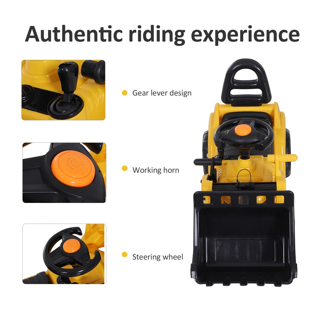 Kids Ride On Excavator Toy, Yellow Pull Cart Bulldozer With Bucket, Horn, Steering Wheel, For Toddler