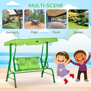 Porch Swing for Kids with Adjustable Canopy to Block Sun at Angles, Kids Swing Chair with Seatbelts, Frog Pattern, Gift for Kids Ages 3-6, Green