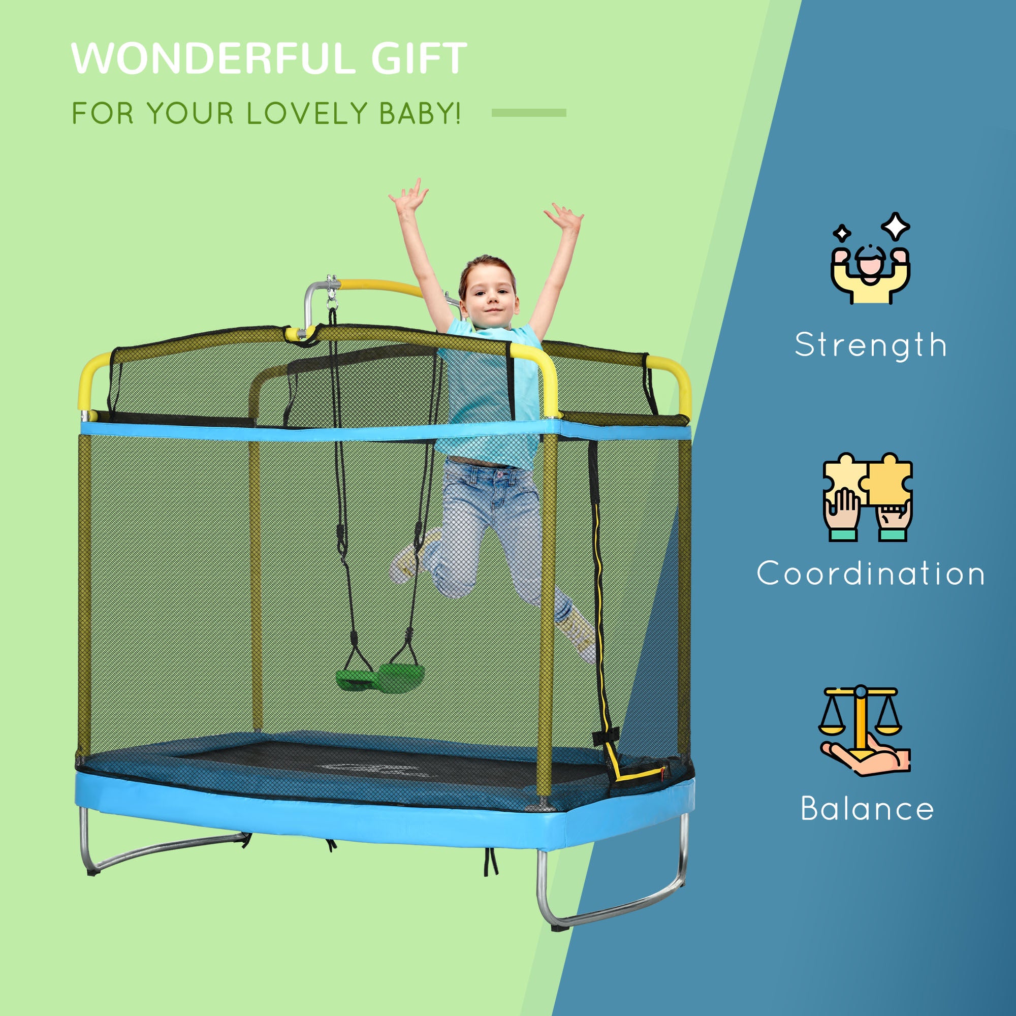3-in-1 Trampoline for Kids, 6.9' Kids Trampoline with Net, Light Blue