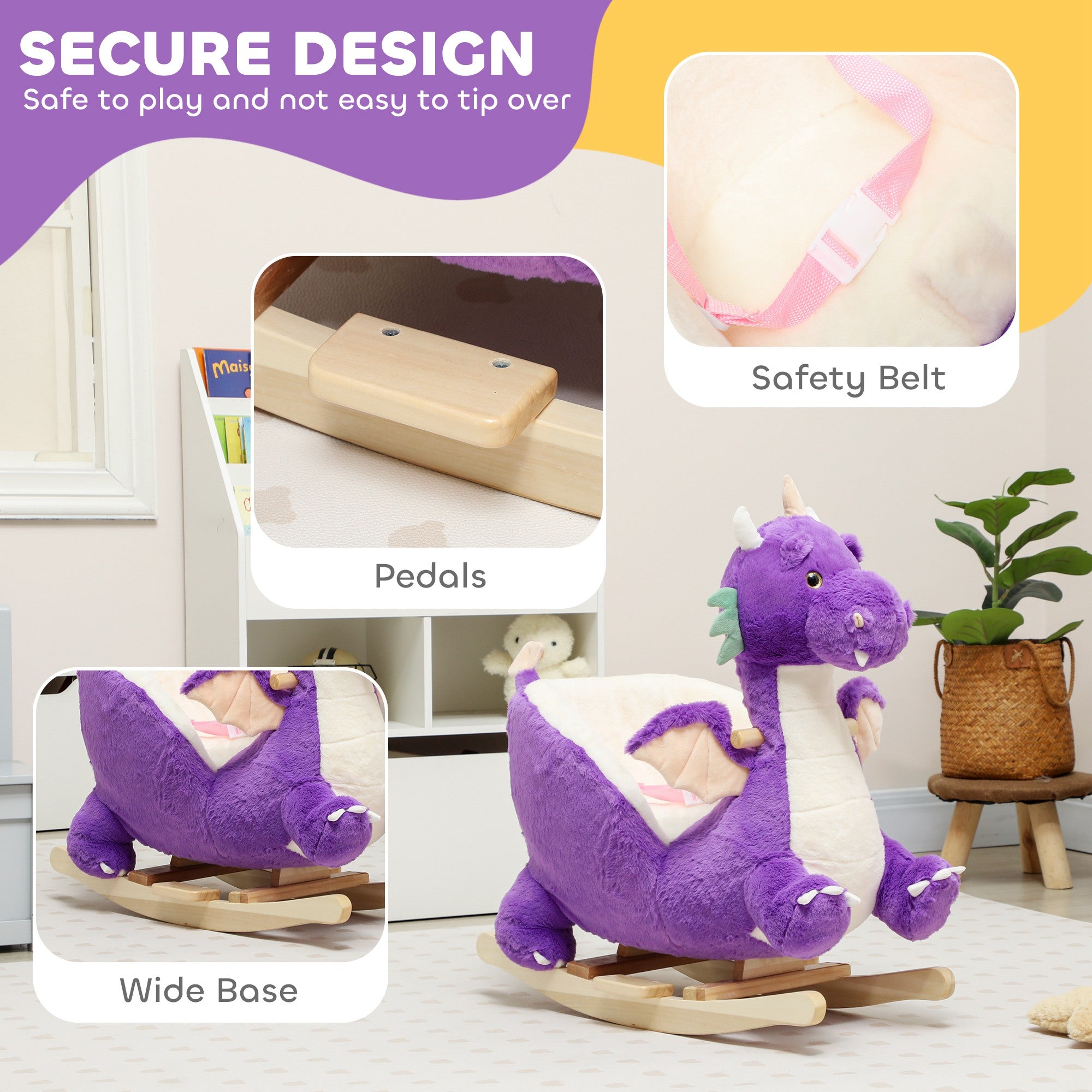 Baby Rocking Horse, Kids Ride On Toy with Realistic Dragon Roar and Safety Belt for Kids 18–36 Months, Purple